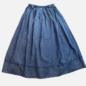 Free People Denim Maxi Skirt Pleated Sz M Boho Western Prairie Cowboy